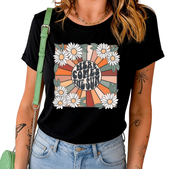UNISHE Women's "Here Comes The Sun" Retro Floral Graphic Crew Neck Short Sleeve T-Shirt Casual Tee