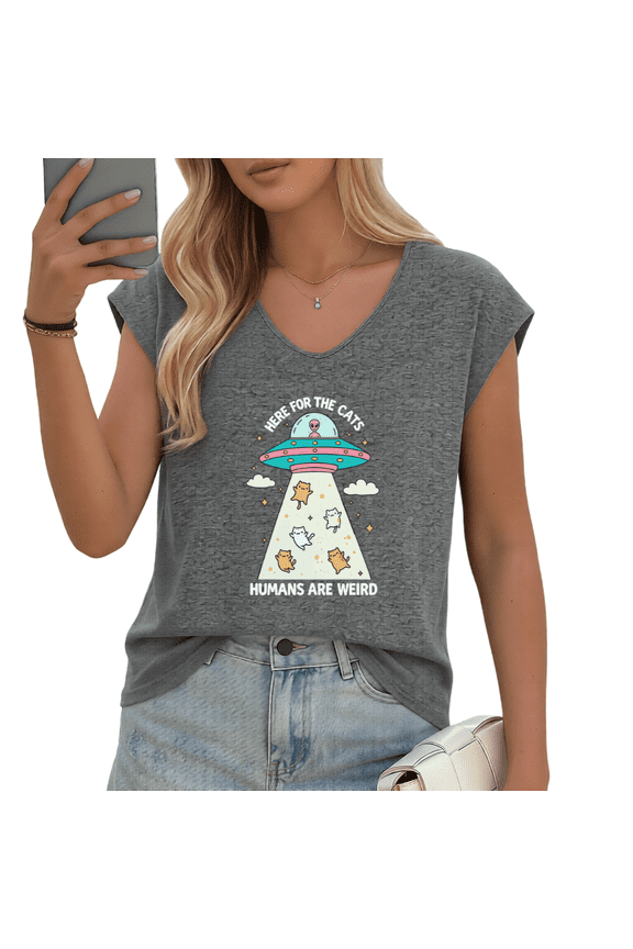 Women's "Here For The Cats Humans Are Weird" UFO Cat Print V-Neck Sleeveless T-Shirt Casual Summer Tank Top