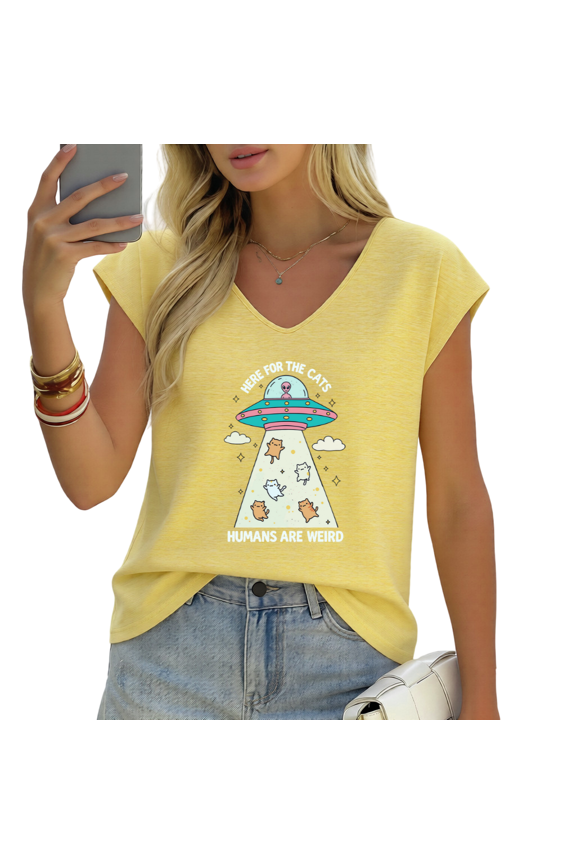 Women's "Here For The Cats Humans Are Weird" UFO Cat Print V-Neck Sleeveless T-Shirt Casual Summer Tank Top