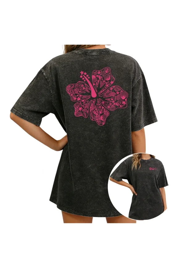 Women's Hibiscus Floral Vintage Washed T - Shirt Short Sleeve Oversized Distressed Fit Tee