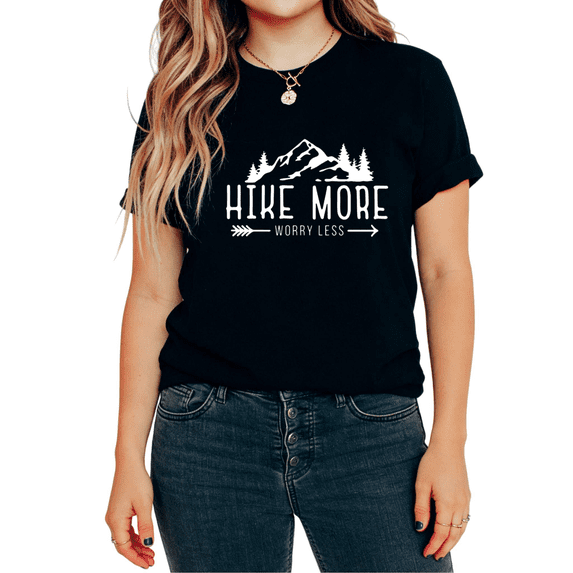 UNISHE Women's Hike More Worry Less Mountain Pine Tree Outdoor Adventure Graphic Tops Short Sleeve T-Shirt