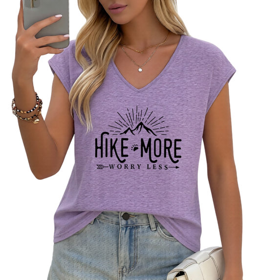 UNISHE Women's Hiking "Hike More Worry Less" Black Text V-Neck Sleeveless T-Shirt Adventure Casual Tank Top