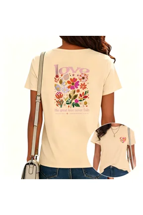 Women's His Great Love Never Fails Graphic Tee Retro Flower Verse Christian Scripture Tops Beige, 2XL