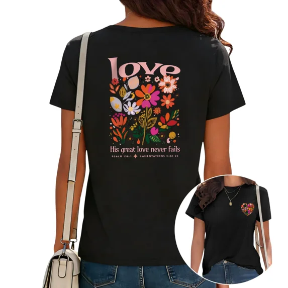 UNISHE Women's His Great Love Never Fails Graphic Tee Retro Flower Verse Christian Scripture Tops Black, XL