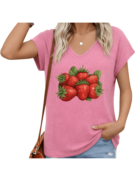 Women's Hot Pink Strawberry Cluster V-Neck Short Sleeve T-Shirt Realistic Fruit Print Soft Cotton Casual Top S-5XL