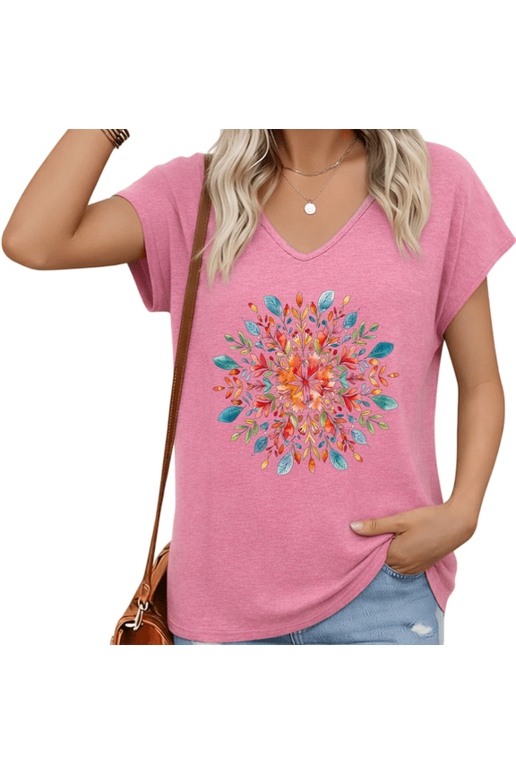 Women's Hot Pink Watercolor Mandala Floral V-Neck T-Shirt Boho Colorful Leaf Graphic Soft Cotton Casual Loose Top S-5XL
