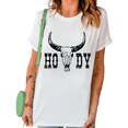 thumbnail image 1 of UNISHE Women's Howdy Distressed Longhorn Cow Skull Western Letter Graphic Short Sleeve Crew Neck Daily Casual Wear Tops, 1 of 6