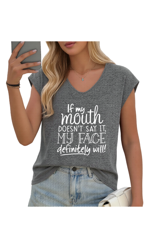 Women's Humorous "My Face Says It All" Sarcastic Quote V-Neck Sleeveless T-Shirt Casual Daily Tank Top