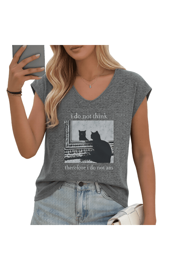 Women's "I Do Not Think Therefore I Do Not Am" Cat Meme V-Neck Sleeveless T-Shirt Casual Summer Tank Top