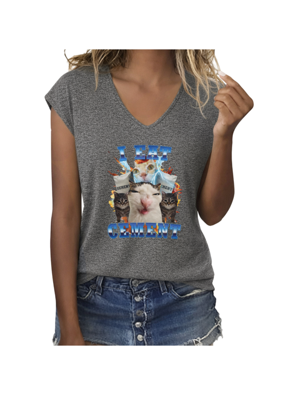 Women's I Eat Cement Weird Cat Meme Explosion Graphic V-Neck Short Sleeve Casual Funny Internet Humor T-Shirt Top