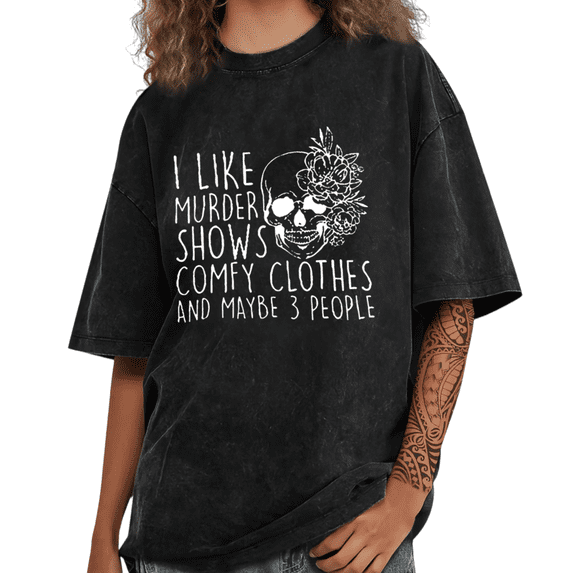UNISHE Women's I Like Murder Shows Comfy Clothes Skull Floral Graphic Washed Tops Short Sleeve T-Shirt