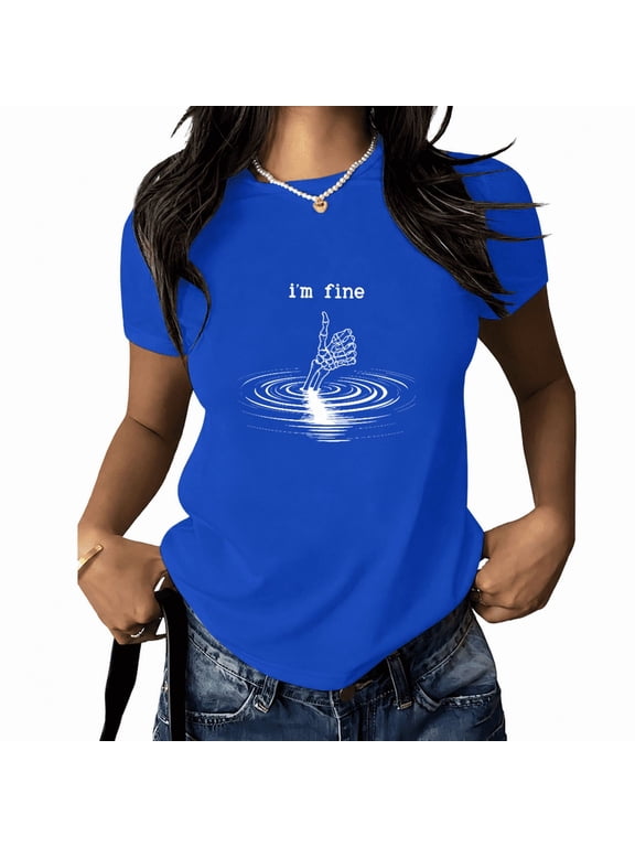 Women's I'm Fine Skeleton Hand Graphic T-Shirt Funny Water Ripple Meme Tee Summer White Top