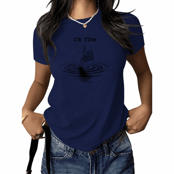 UNISHE Women's I'm Fine Skeleton Hand Graphic T-Shirt Funny Water Ripple Meme Tee Summer White Top