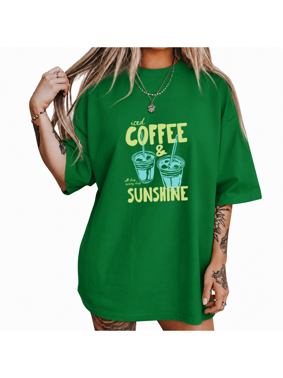 Women's Iced Coffee And Sunshine All Day Every Day Cold Cup Graphic Cropped Short Sleeve T-shirt Relaxed Fit