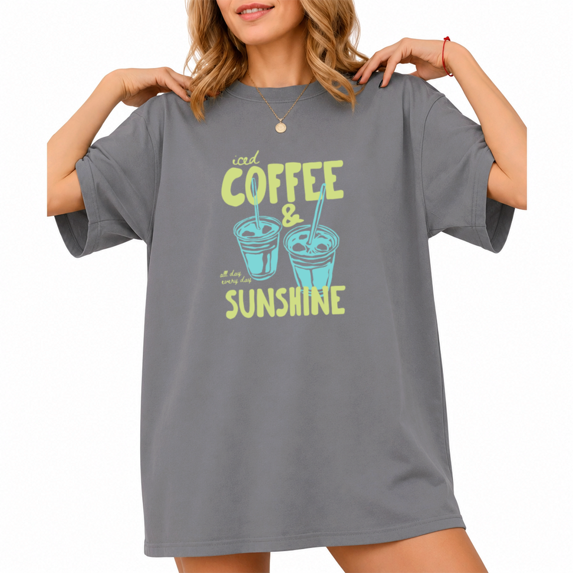 UNISHE Women's Iced Coffee And Sunshine All Day Every Day Cold Cup Graphic Cropped Short Sleeve T-shirt Relaxed Fit