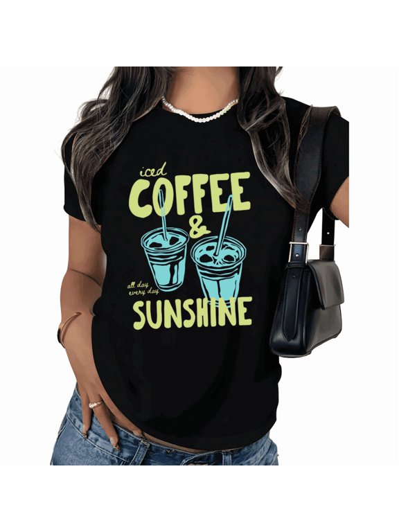 Women's Iced Coffee Sunshine Slogan Graphic Tee - Summer Cute Cafe Print, Short Sleeve Crewneck Casual T-Shirt, Trendy Vacation Top for Ladies Daily Wear