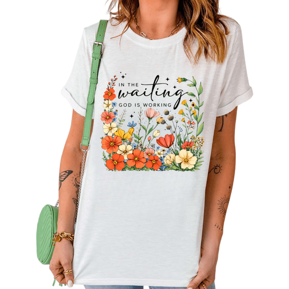 UNISHE Women's In The Waiting God Is Working Floral Graphic Short Sleeve T-Shirt Casual Soft Cotton Inspirational Tee