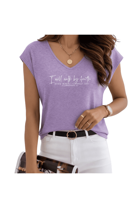 Women's Inspirational Faith Quote Purple V-Neck Sleeveless T-Shirt S-5XL Leisure Tank Top