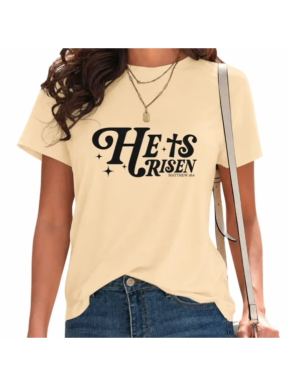Women's Inspirational Scripture Verse T-Shirt Praise The Lord He Is Risen Comfort Tee Beige, L