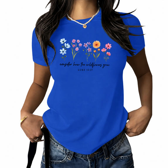 UNISHE Women's Inspirational Wildflower Graphic Tee "Consider the Wildflowers" Print - Botanical Short Sleeve Crewneck Summer Top, Casual Floral Shirt for Ladies