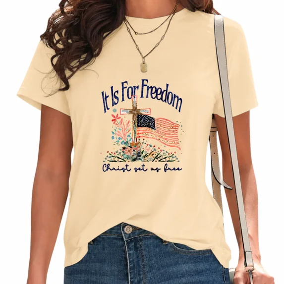 UNISHE Women's It Is For Freedom Christ Set Us Free Tee Patriotic Tops American Flag Cross Shirt Beige, L