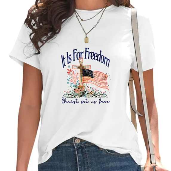 UNISHE Women's It Is For Freedom Christ Set Us Free Tee Patriotic Tops American Flag Cross Shirt White, L