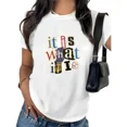 thumbnail image 1 of UNISHE Women's It Is What It Is Tee Shirt Vintage Collage Text Graphic Short Sleeve T-Shirt Funny Sarcastic Humor Casual Crewneck Top, 1 of 5