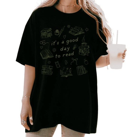 UNISHE Women's It's A Good Day To Read Book Feather Ink Hourglass Doodle Graphic Short Sleeve T-shirt Relaxed Fit