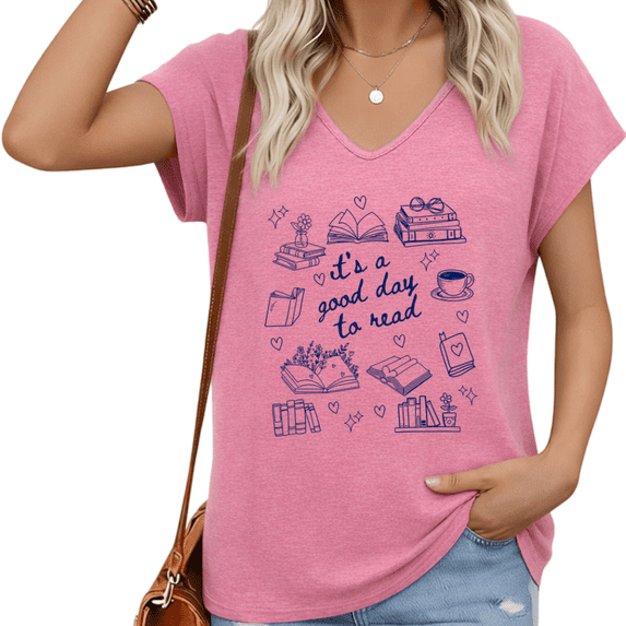 UNISHE Women's It's A Good Day To Read V-Neck Short Sleeve T-Shirt Casual Book Lover Graphic Tee S-5XL Rose Red