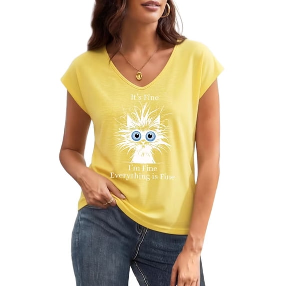 UNISHE Women's It's Fine I'm Fine Everything Is Fine Funny Cat Graphic V Neck Short Sleeve T-Shirt Casual Tees