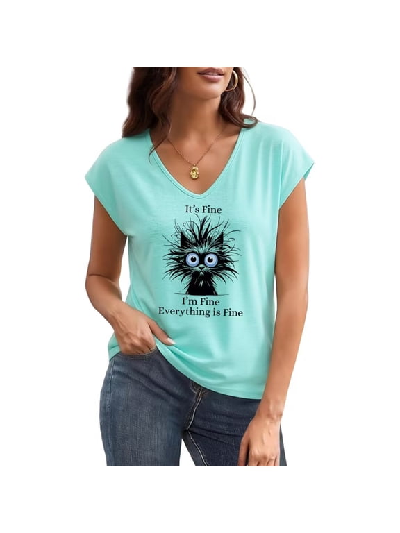 Women's It's Fine I'm Fine Everything Is Fine Funny Cat Graphic V Neck Short Sleeve T-Shirt Casual Tees