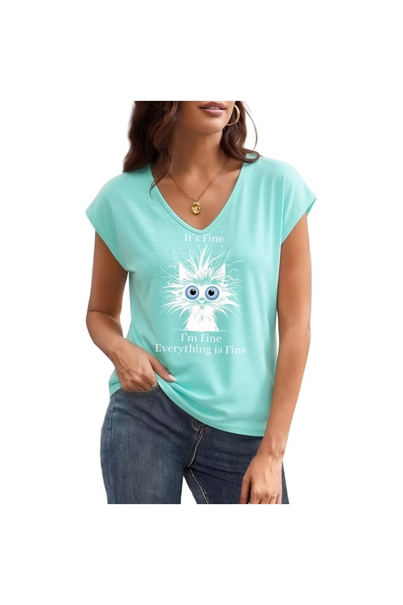 Women's It's Fine I'm Fine Everything Is Fine Funny Cat Graphic V Neck Short Sleeve T-Shirt Casual Tees