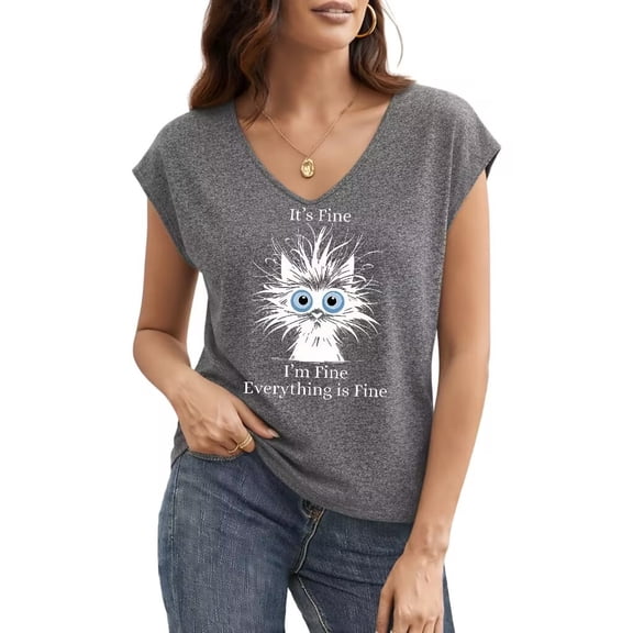 UNISHE Women's It's Fine I'm Fine Everything Is Fine Funny Cat Graphic V Neck Short Sleeve T-Shirt Casual Tees
