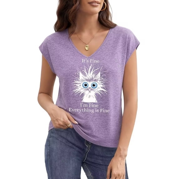 UNISHE Women's It's Fine I'm Fine Everything Is Fine Funny Cat Graphic V Neck Short Sleeve T-Shirt Casual Tees