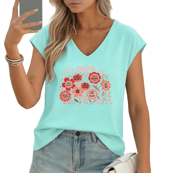 UNISHE Women's "It's Okay to" Floral Mental Health Print V-Neck Sleeveless T-Shirt Casual Summer Tank Top