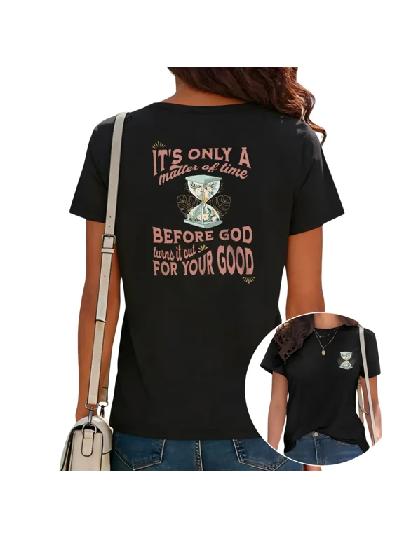 Women's It's Only A Matter Of Time Print T-Shirt Hourglass Graphic Religious Top for Daily Outfit Black, 3XL