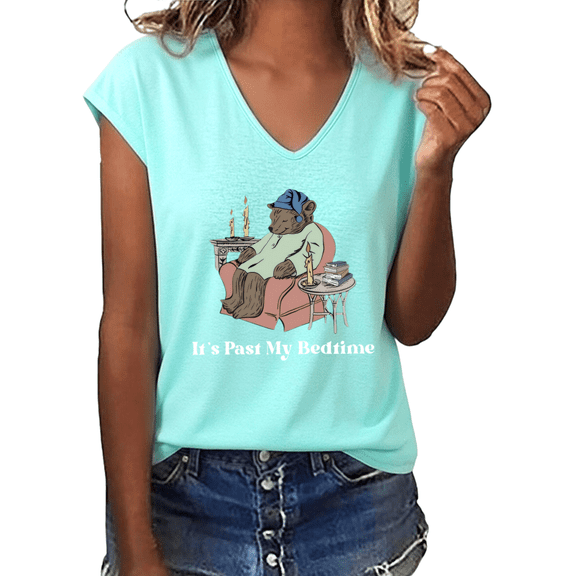 UNISHE Women's It's Past My Bedtime Sleepy Bear Night Quote Graphic V-Neck Casual Lazy Cozy T-Shirt Top