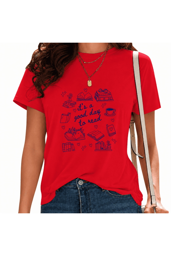 Women's It's a Good Day to Read Book Lover Line Art Graphic Short Sleeve T-Shirt Relaxed Fit Casual Tees Tops