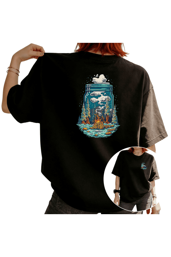 Women's Jar Campfire Forest Nature Graphic Short Sleeve T-Shirt Casual Cotton Crewneck Top Black S-5XL