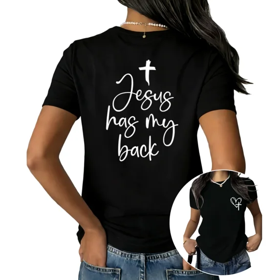 UNISHE Women's Jesus Has My Back Christian Faith Cross Graphic Short Sleeve T-Shirt Soft Cotton Crewneck Religious Top S-5XL