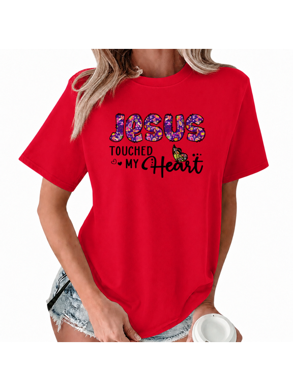 Women's Jesus Touched My Heart Graphic Short Sleeve T-Shirt White Psychedelic Floral Top