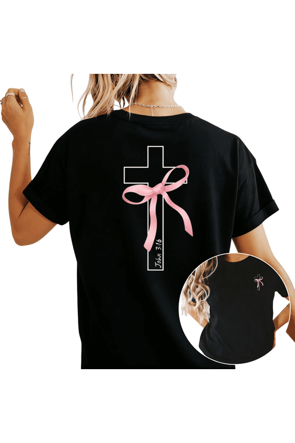 Women's "John 3:16" Cross with Pink Bow Christian Graphic Short Sleeve T-Shirt Casual Cotton Crewneck Top