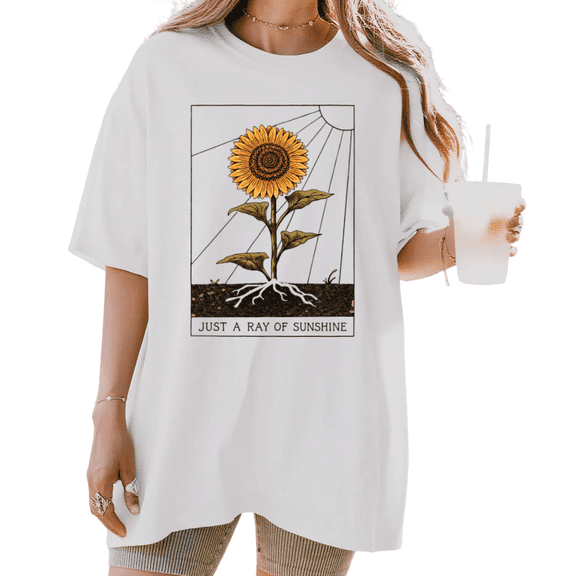 UNISHE Women's "Just a Ray of Sunshine" Sunflower Graphic Short Sleeve T-Shirt Casual Cotton Crewneck Top