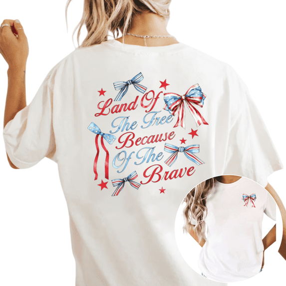 UNISHE Women's Land Of The Free Because Of The Brave Patriotic Bow Graphic Short Sleeve T-Shirt Cotton Crewneck Top