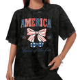 thumbnail image 1 of UNISHE Women's Land of The Free America Bow Vintage Washed T-Shirt Short Sleeve Black S-2XL, 1 of 5