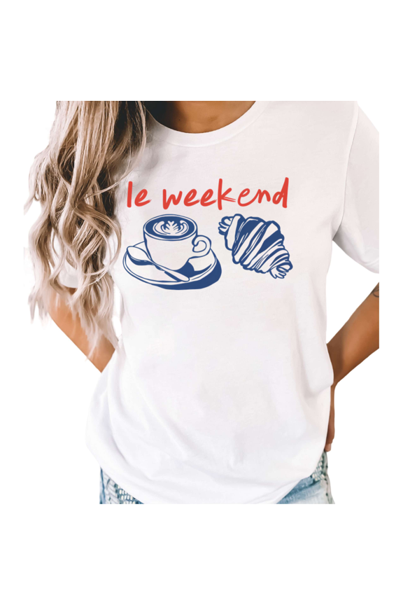 Women's "Le Weekend" Coffee Croissant French Graphic White Short Sleeve T-Shirt Casual Crewneck S-5XL Top