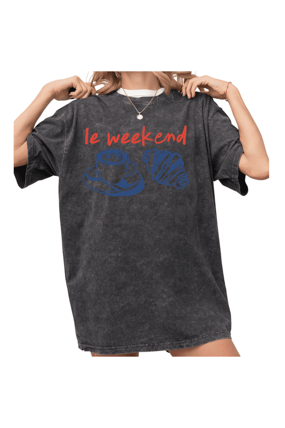 Women's Le Weekend Coffee Croissant Graphic Vintage Washed T-Shirt Short Sleeve Distressed Relaxed Fit Tee