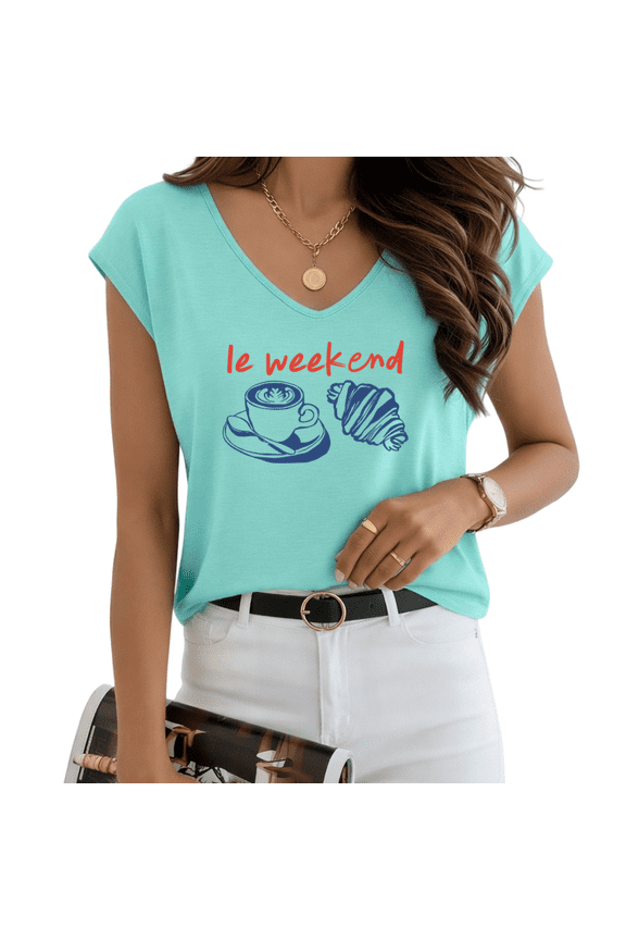 Women's Le Weekend Coffee Croissant Print Blue V-Neck Sleeveless T-Shirt Casual Tank S-5XL Top