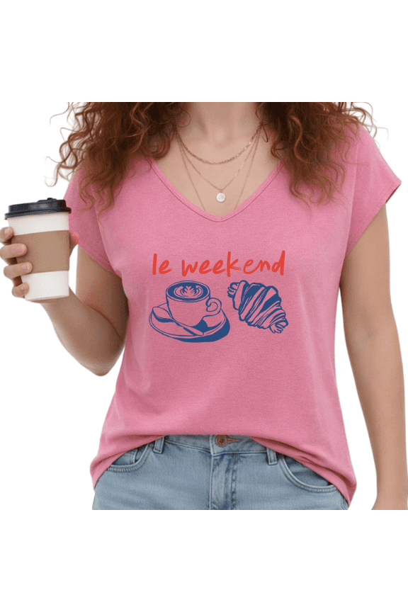 Women's Le Weekend Coffee Croissant Print Rose Red V-Neck Sleeveless T-Shirt S-5XL Trendy Tank Top