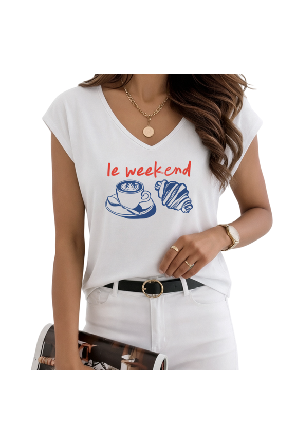 Women's Le Weekend Coffee Croissant Print White V-Neck Sleeveless T-Shirt Casual Tank S-5XL Top